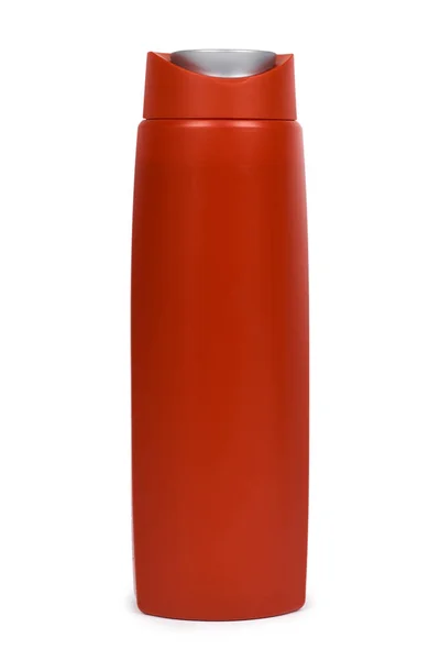빨간색 플라스틱 병에서 샤워 젤입니다. 흰색 배경에 고립. 바디 케어 크림, 위생 비누입니다. 빈 서식 파일 — 스톡 사진