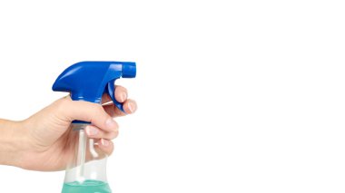 Sprey şişe el Temizleme beyaz arka plan üzerinde izole. Ev işleri ve sıhhi kavramı. kopyalama alanı şablonu