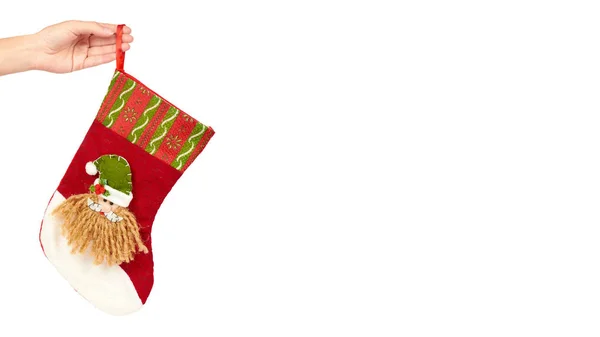 Χριστουγενιάτικα Στολίδια, δώρο κάλτσες στο χέρι απομονώνονται σε λευκό φόντο. Αντικείμενο το νέο έτος. χώρο, να αντιγράψετε το πρότυπο — Φωτογραφία Αρχείου