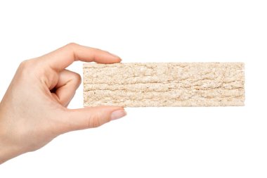 Diyet kuru ekmek el sıkışıyor. Beyaz arka plan üzerinde izole. Diyet ve sağlık gıda ve snack