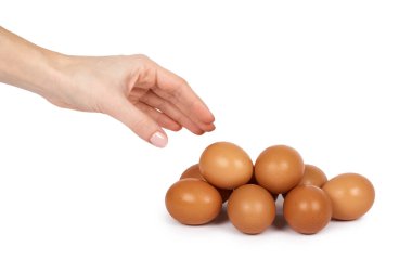 Organik tavuk yumurtası el kahverengi. Beyaz arka plan üzerinde izole. Besleyici ve protein rezerv