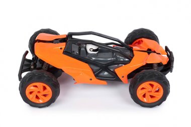RC model ralli, kapalı yol arabası. Beyaz arka plan üzerinde neşe ve eğlence spor izole