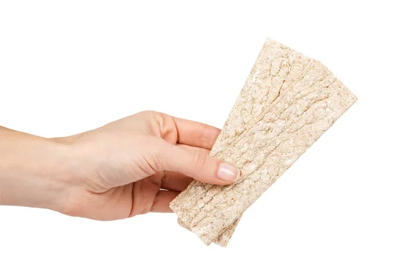 Diyet kuru ekmek el sıkışıyor. Beyaz arka plan üzerinde izole. Diyet ve sağlık gıda ve snack — Stok fotoğraf