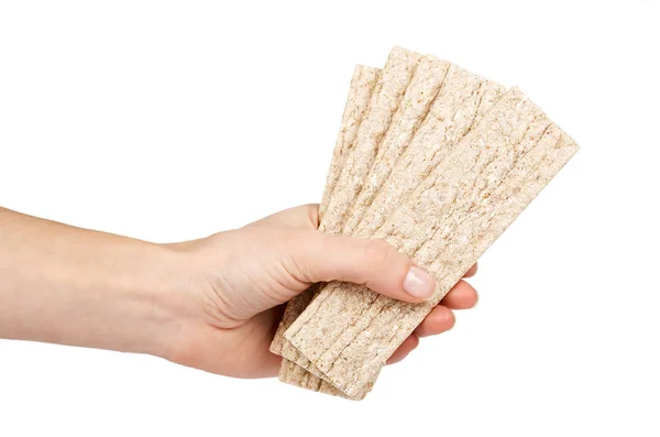 Dieet droog brood stokken in de hand. Geïsoleerd op een witte achtergrond. Dieet en gezondheid van voedsel en snack — Stockfoto