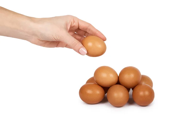 Huevos orgánicos de pollo marrón en la mano. Aislado sobre fondo blanco. Reserva nutritiva y proteica — Foto de Stock