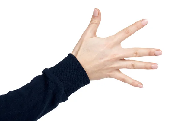 La mano femminile mostra cinque gesti e segni. Isolato su sfondo bianco. Pullover blu scuro — Foto Stock