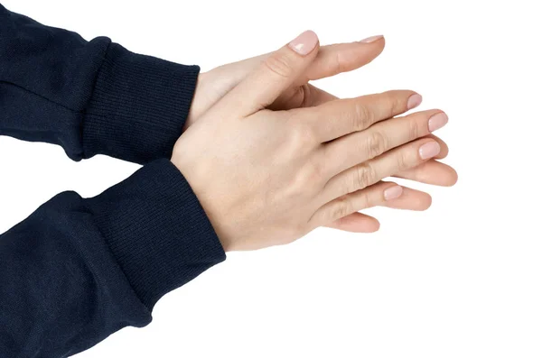 Female hand shows applause gesture and sign. Isolated on white background. Dark blue pullover — Stock Photo, Image