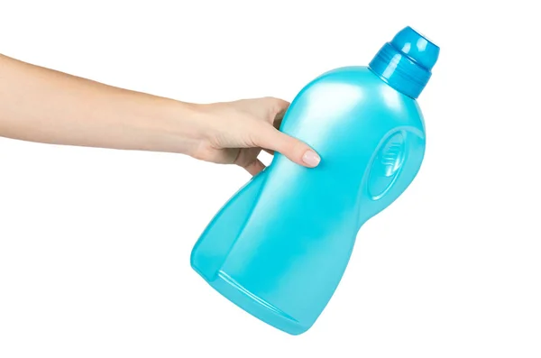 Blaue Plastikflasche mit Flüssigwaschmittel. isoliert auf weißem Hintergrund. Wäschebehälter, Warenvorlage — Stockfoto