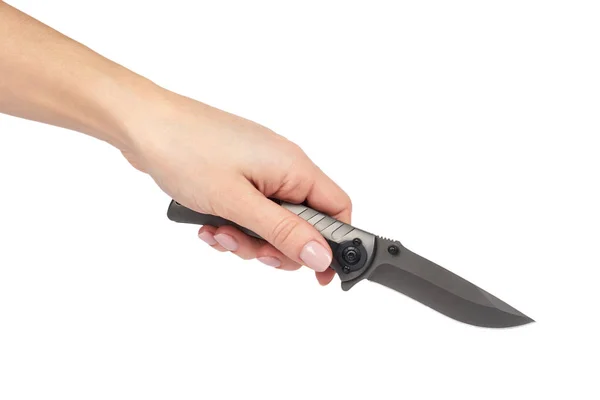 Sharp metal pocket knife in hand. Isolated on a white background. Cold weapon, self defence tool — Stock Photo, Image