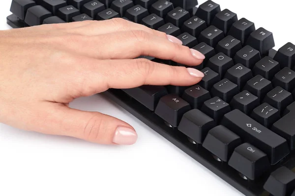 Zwarte mechanische computertoetsenbord met de hand. Geïsoleerd op witte achtergrond — Stockfoto