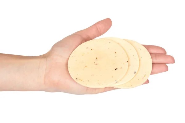 手里拿着香草的圆切片干酪。在白色背景下被隔离。蘑菇和大蒜, 罗勒和莳萝 — 图库照片