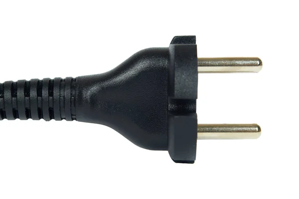 Plugue de energia preto, conector elétrico com cabo. Isolado em backgorund branco — Fotografia de Stock