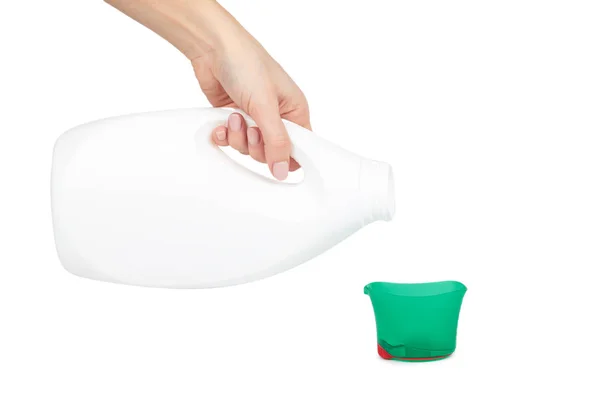 Tazza di misura per detergente liquido a mano, isolata su fondo bianco — Foto Stock