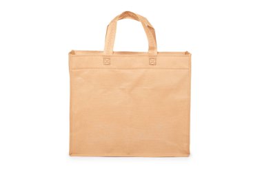 Beyaz arka plan üzerinde izole yeniden kullanılabilir kağıt torba yiyecek veya hediyeler, kopya alanı,