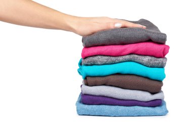 multi renk kumaş dokulu el, beyaz arka plan üzerinde izole yün kumaş ve yığını