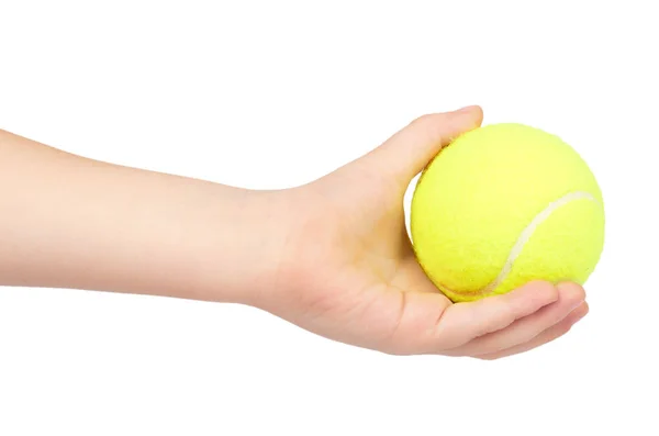 Kind hält Tennisball in der Hand, isoliert auf weißem Hintergrund — Stockfoto