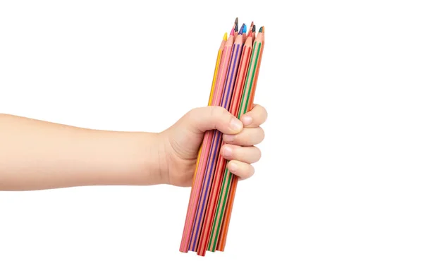 Çocuk elini tut beyaz arka plan üzerinde izole el ile renk kalem — Stok fotoğraf