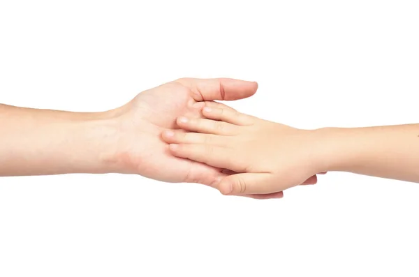 Mãe segurar mão de criança, união e conceito seguro, isolado no fundo branco — Fotografia de Stock