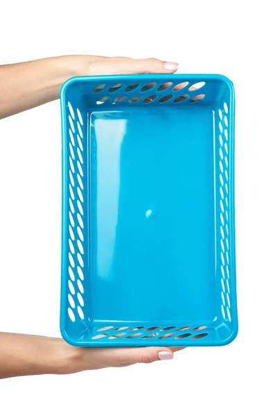 Blå tvättkorg med hand, livsmedelsbutiker behållare isolerad på vit bakgrund — Stockfoto