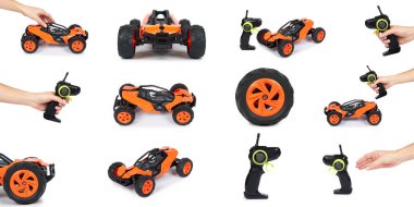 farklı Rc model Rally, kapalı yol arabası ile uzaktan kumanda el ile ayarlayın. Beyaz arka plan üzerinde neşe ve eğlence spor izole