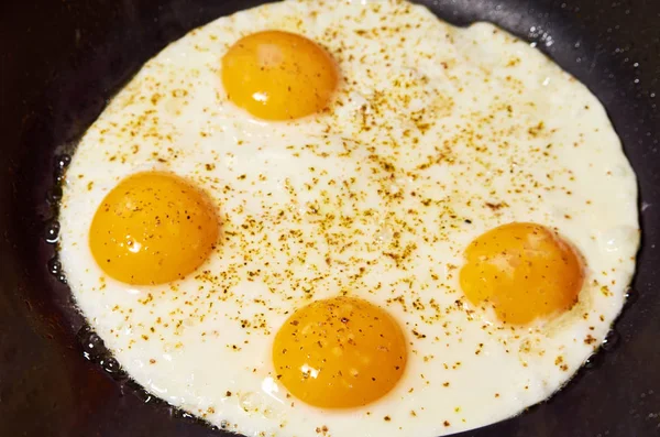 Fried egg on fry pan background. Home made fast food