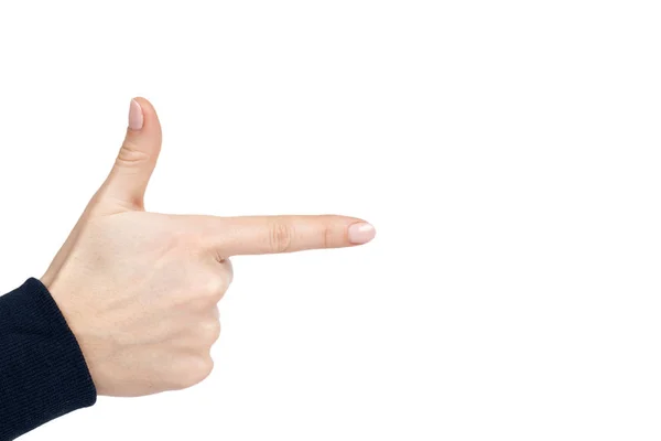 Γυναικείο χέρι δείχνει γυρίσματα χειρονομία και σημάδι. Απομονωμένα σε λευκό φόντο. Σκούρο μπλε πουλόβερ. χώρο, να αντιγράψετε το πρότυπο — Φωτογραφία Αρχείου