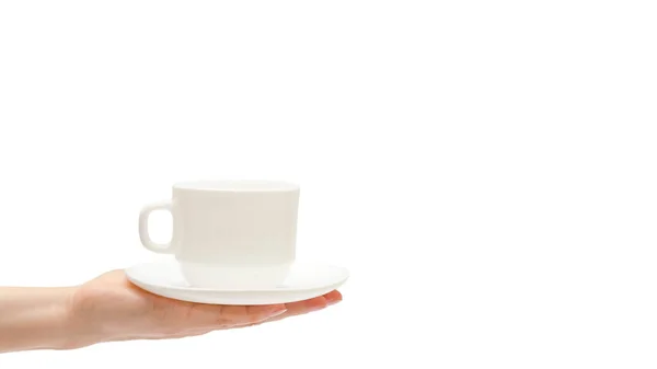 Donna mano tenendo tazza bianca. Isolato su sfondo bianco. spazio di copia, modello . — Foto Stock