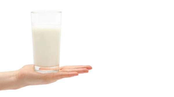 Woman hand holding glass of milk. Isolated on white background. copy space, template. — Stock Photo, Image