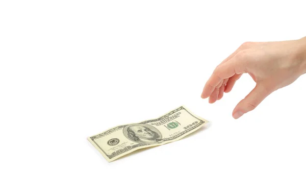 Female hand takes or gives one hundred US dollars. Isolated on white background. copy space, template. — Stock Photo, Image