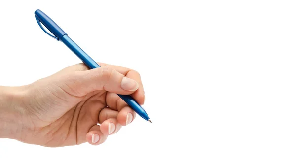 ペンを持つ女の子の手。白い背景上に分離。コピー スペース テンプレート ストック画像