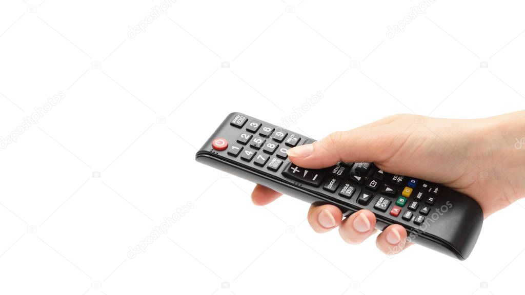 woman hand holding remote control. Isolated on white background. copy space, template.