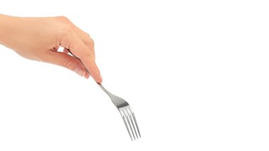 Eller çatal tutun. Beyaz arka plan üzerinde izole. kopyalama alanı şablonu