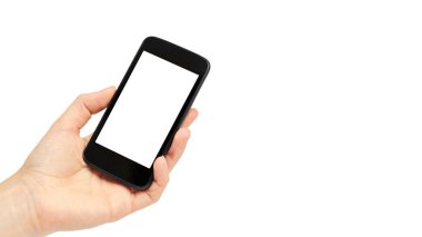 Eller bir cep telefonu, mockup şablon tutun. Beyaz arka plan üzerinde izole. kopyalama alanı şablonu.