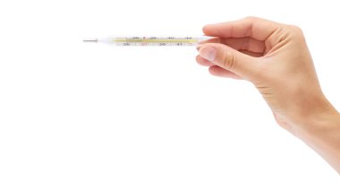 Beyaz arka plan üzerinde izole el Mercury termometre. kopyalama alanı şablonu