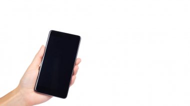 akıllı telefon ile izole beyaz arka plan, büyük mobil, siyah cep telefonu, 5,5 inç communicator elinde boş perde. kopyalama alanı şablonu