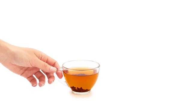 La mano femenina sostiene una taza de té. Aislado sobre fondo blanco. copiar espacio, plantilla — Foto de Stock