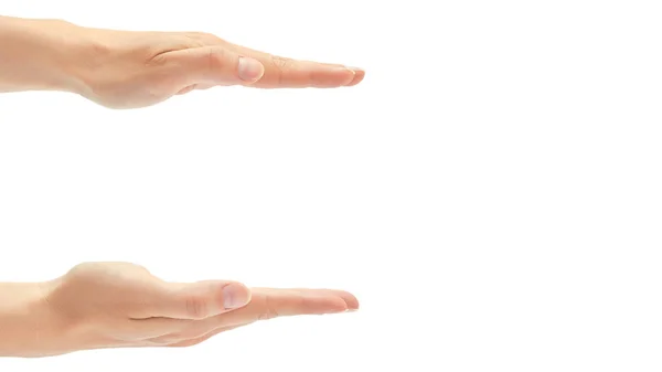 Hermosa mano femenina medir gesto. Aislado sobre fondo blanco. copiar espacio, plantilla — Foto de Stock