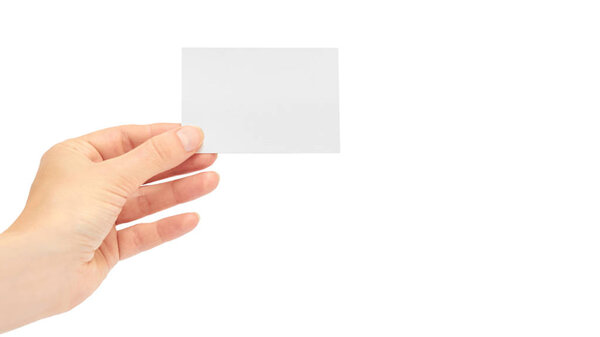 Female hands hold a business card. Isolated on white background. copy space, template