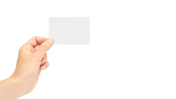 Las manos femeninas tienen una tarjeta de visita. Aislado sobre fondo blanco. copiar espacio, plantilla — Foto de Stock