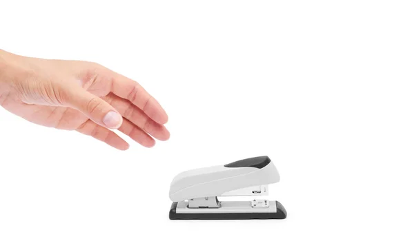 Stapler in hand isolated on white background. copy space, template — Stock Photo, Image