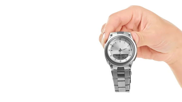 Mão feminina segurando relógios de mão. Isolado em fundo branco. espaço de cópia, modelo — Fotografia de Stock