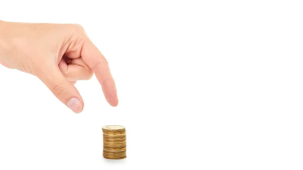 Female hand holding coins. Isolated on white background. copy space, template — Stock Photo, Image