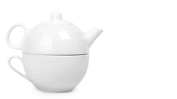 White ceramic kettle or teapot with cup. Isolated on white background. copy space, template — Stock Photo, Image