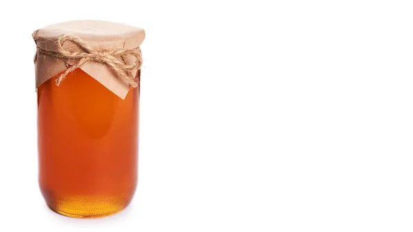 Eco casero hecho miel en tarro aislado sobre fondo blanco. copiar espacio, plantilla — Foto de Stock