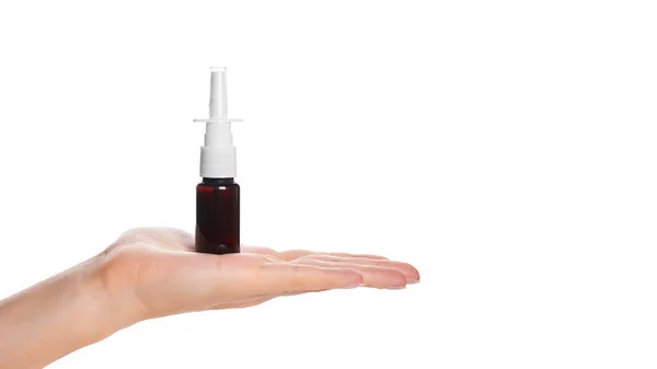 Spray nasal médico en mano aislado sobre fondo blanco. copiar espacio, plantilla —  Fotos de Stock