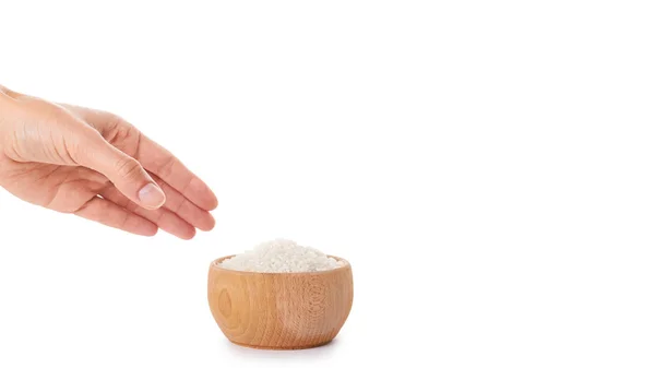 Arroz jazmín crudo en mano aislado sobre fondo blanco. copiar espacio, plantilla — Foto de Stock