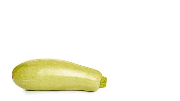 Gröna färska ekologiska zucchini i hand isolerad på vit bakgrund. Kopiera utrymme, mall. — Stockfoto
