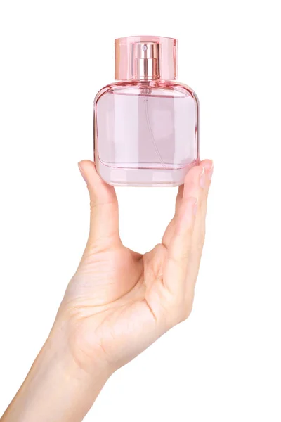 Perfume das mulheres em bela garrafa rosa isolado no fundo branco, cheiro de luxo, vidro cristalino. espaço de cópia, modelo — Fotografia de Stock