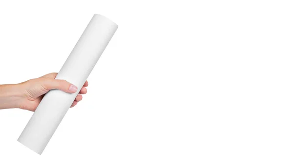 Mãos segurando papel em branco isolado no fundo branco. espaço de cópia, modelo Imagem De Stock