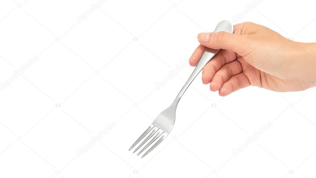 Female hands hold a fork. Isolated on white background. copy space, template